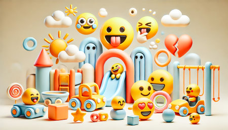 Vibrant and playful 3D illustration featuring colorful emoji characters, rainbows, stars, and other whimsical elementsの素材