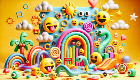 Vibrant and playful 3D illustration featuring colorful emoji characters, rainbows, stars, and other whimsical elementsの素材