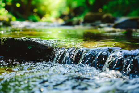 Serene nature scene featuring a small waterfall flowing over rocks in a lush forest setting. The clear water sparkles in the sunlight, creating a peaceful and refreshing atmosphere.の素材