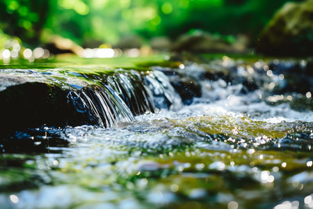Serene nature scene featuring a small waterfall flowing over rocks in a lush forest setting. The clear water sparkles in the sunlight, creating a peaceful and refreshing atmosphere.の素材