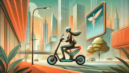 Woman riding an electric scooter through a futuristic cityscape, capturing the essence of eco-friendly urban transportation and contemporary lifestyleの素材