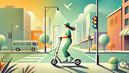 Woman riding an electric scooter through a futuristic cityscape, capturing the essence of eco-friendly urban transportation and contemporary lifestyleの素材