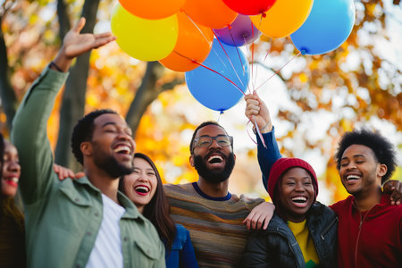 Group of friends celebrating outdoors with colorful balloons on an autumn day.の素材