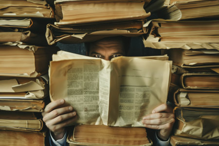 A scholar surrounded by towering stacks of books and papers, intensely studying in a vintage library settingの素材
