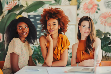 A group of three stylish women collaborating in a modern, vibrant workspace, exemplifying teamwork, empowerment, and professional success in a creative environment.の素材
