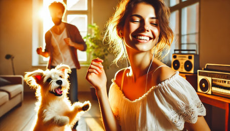 Portrait of lovely mature woman resting with dog on comfortable kitchen at home, having fun, laughing, hugging, spending family leisure time with pet, enjoying friendship.の素材