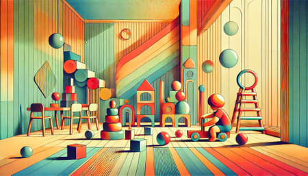 Kid playing with colorful toy blocks. Little boy building tower of block toys. Educational and creative toys and games for young children. Baby in white bedroom with rainbow bricks. Child at home.の素材