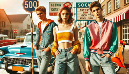 Stylish group of trendy teens showcasing vibrant 80s-inspired fashion.の素材