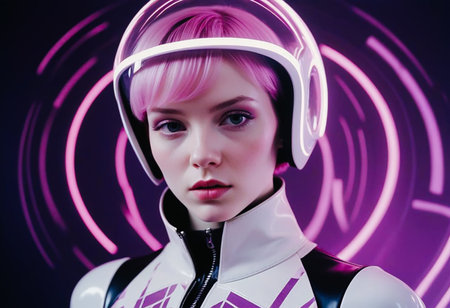 Beautiful woman with purple hair in futuristic costume over neon light background. Girl in glasses of virtual reality. Augmented reality game, future technology, AI concept. VR.の素材