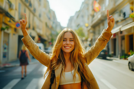 Young female tourist enjoys the view of the city. Europe travel. Lifestyle, vacation, tourism, nature, active life.の素材