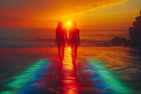 Silhouette lovely Asian women couple standing by the sea with beautiful sunset sea and sky background. Back of happy LGBTQ or friends holding hands enjoying and relaxing on tropical summer vacation.の素材