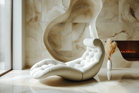 Warm and cozy composition of living room interior with copy space, stylish rattan chair. Home decor. Template.の素材