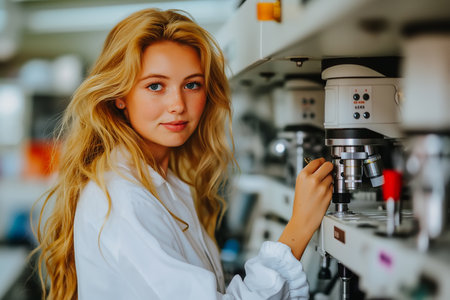 Young Female Uses Artificial Intelligence in System Control Monitoring Center. In the Background with Many Displays Showing Technical Data.の素材