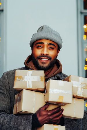 Confident young delivery man carrying cardboard boxes.の素材