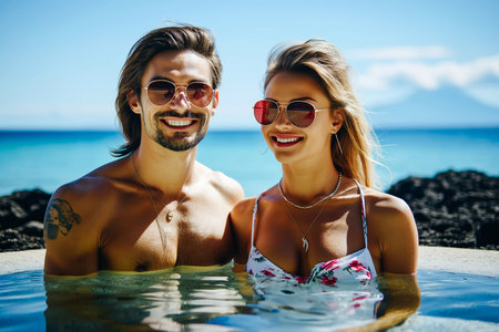 Lifestyle portrait of attractive young woman and her handsome boyfriend keeps on hands. Beautiful couple having fun sea background. Warm evening colors.の素材