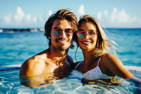 Lifestyle portrait of attractive young woman and her handsome boyfriend keeps on hands. Beautiful couple having fun sea background. Warm evening colors.の素材