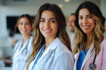 Happy positive chief doctor woman with stethoscope posing for group portrait with diverse medical professional colleagues standing together in background, looking at camera, smilingの素材