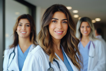 Happy positive chief doctor woman with stethoscope posing for group portrait with diverse medical professional colleagues standing together in background, looking at camera, smilingの素材