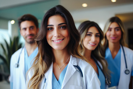 Happy positive chief doctor woman with stethoscope posing for group portrait with diverse medical professional colleagues standing together in background, looking at camera, smilingの素材
