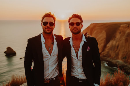 Two bearded men, a gay couple, hold handsの素材