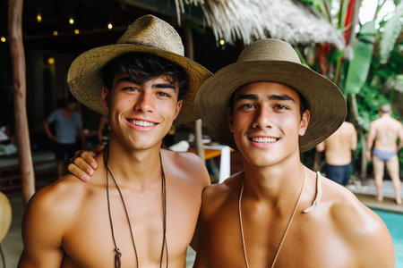 Two bearded men, a gay couple, hold handsの素材