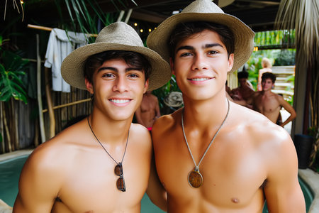 Two bearded men, a gay couple, hold handsの素材