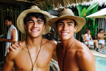 Two bearded men, a gay couple, hold handsの素材