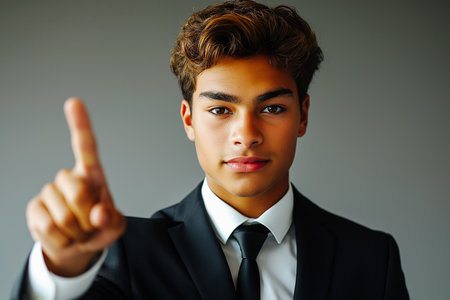 Businessman pointing upwards with confident little smile. focus on fingerの素材