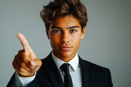 Businessman pointing upwards with confident little smile. focus on fingerの素材