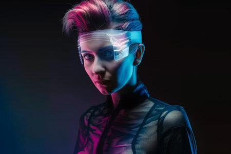 Metaverse technology concept. Woman wearing vr goggles headset connecting online internet of things.の素材