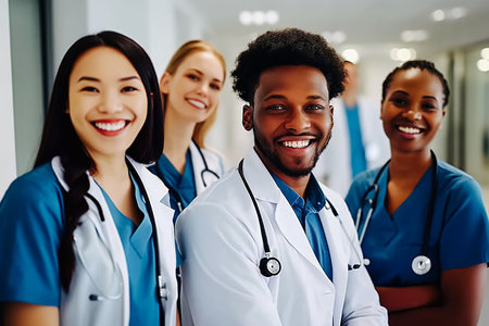 Portrait of a man doctor standing with a team of other doctors and nurses in the hospital. Group portrait highlights the clinic medical staff, showcasing teamwork and dedication to healthcare.の素材