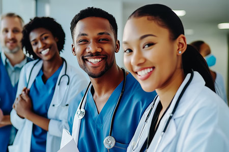 Portrait of a man doctor standing with a team of other doctors and nurses in the hospital. Group portrait highlights the clinic medical staff, showcasing teamwork and dedication to healthcare.の素材