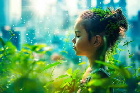 Beauty, nature and ecology concept - portrait of child profile with green tree foliage.の素材