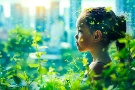 Beauty, nature and ecology concept - portrait of child profile with green tree foliage.の素材
