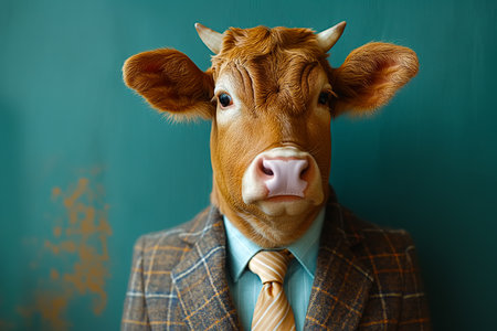 Anthropomorphic cow dressed in a plaid suit and tie. Concepts of conceptual art, fantasy, or creative expression, blending elements of human fashion with animal characteristics.の素材