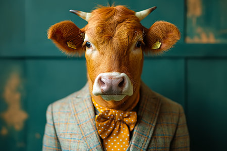 Anthropomorphic cow dressed in a plaid suit and tie. Concepts of conceptual art, fantasy, or creative expression, blending elements of human fashion with animal characteristics.の素材