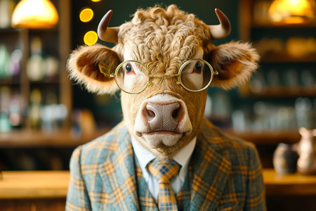 Bull in a plaid suit and wearing glasses. Concepts of fantasy, and humorous projects.の素材