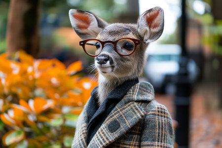 Young deer dressed in a plaid coat and glasses, standing against a vibrant autumn background.の素材