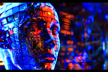 Digital face, merging the realms of artificial intelligence and futuristic technology. The image showcases a cybernetic human form illuminated by vibrant neon colors, embodying the concept of digital consciousness and the integration of AIの素材