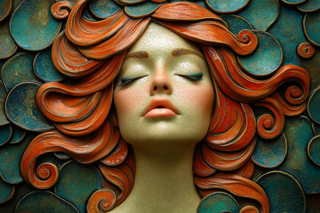 Sculpture of a serene female face with red hair, surrounded by intricate ornamental patterns.の素材