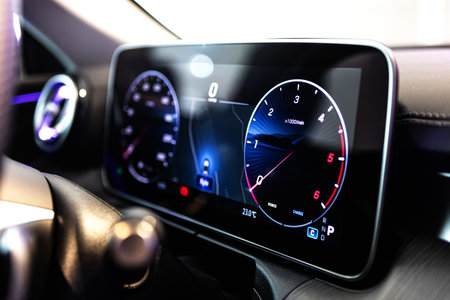 Digital dashboard showing the speedometer and tachometer.の写真素材