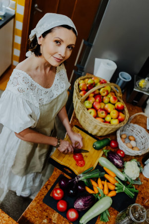 A woman is preparing a meal in a cozy kitchen. She is chopping fresh tomatoes on a wooden cutting board, surrounded by an array of colorful vegetables such as carrots, cauliflower, and cucumbers.の写真素材