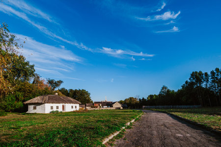 Peaceful rural scene featuring a traditional thatched-roof house and a wide open road under a vast...