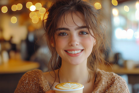 Cheerful young woman dressed warmly in a yellow knitted hat and scarf, holding a coffee cup outdoors, with a vibrant bokeh background of glowing lights. Ideal for themes of winter, lifestyle, and cozy moments.の素材