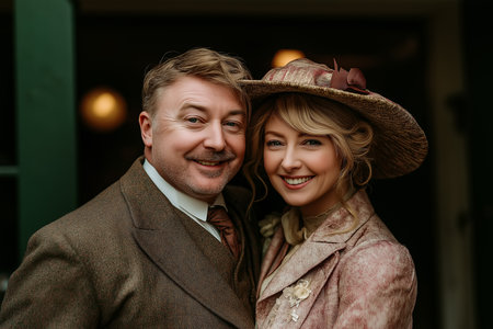 Smiling couple dressed in elegant Victorian-era attire, exuding timeless charm and nostalgia.の素材