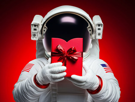 Astronaut holding a sparkling gift box. Perfect for Valentine's Day, space-themed celebrations, and unique romantic designs.の素材