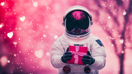 Astronaut holding a sparkling gift box. Perfect for Valentine's Day, space-themed celebrations, and unique romantic designs.の素材