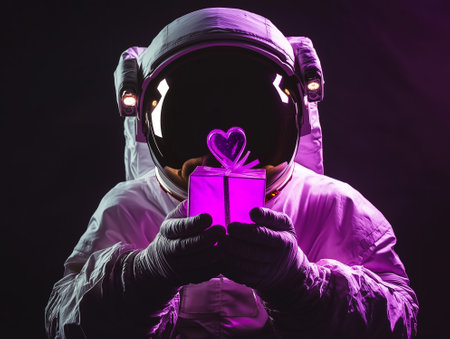 Astronaut holding a sparkling gift box. Perfect for Valentine's Day, space-themed celebrations, and unique romantic designs.の素材