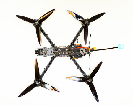 FPV drone in production on white background.の写真素材