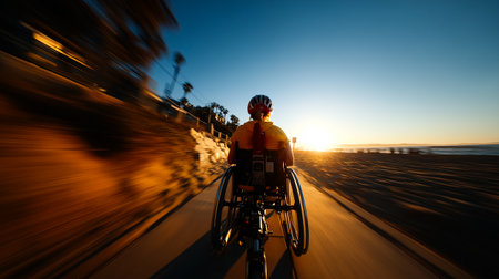 Silhouette of wheelchair user is enjoying a scenic bike ride on a beach path at sunsetの素材